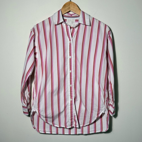 J. Crew Pink & White Striped Button Down Shirt 100% cotton size Small oversized - Picture 2 of 8